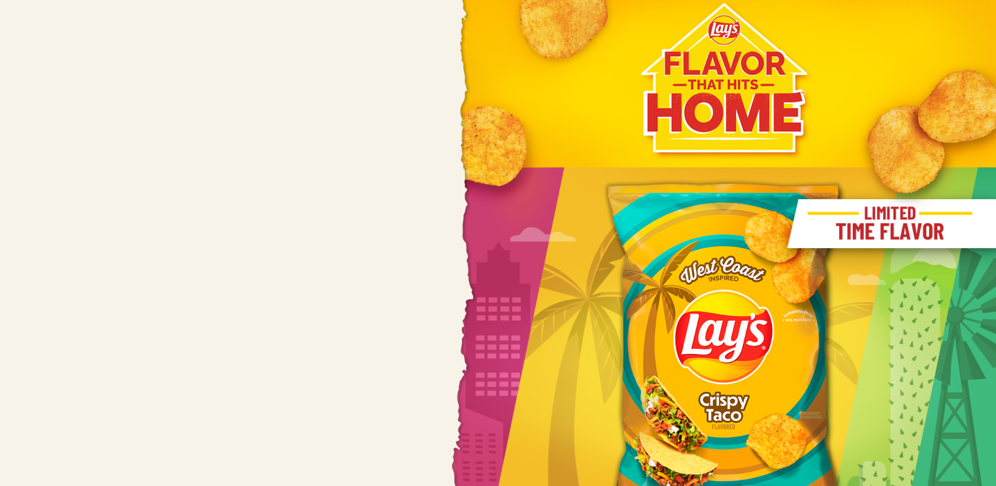 Transport yourself to the West Coast with Lay's Crispy Taco flavored potato chips. Available for purchase nationwide only on Snacks.com
